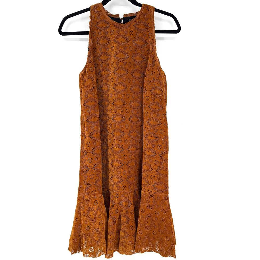Anthropologie Maeve Amis Dress 4 Burnt Orange Floral Lace Ruffle Hem Lined